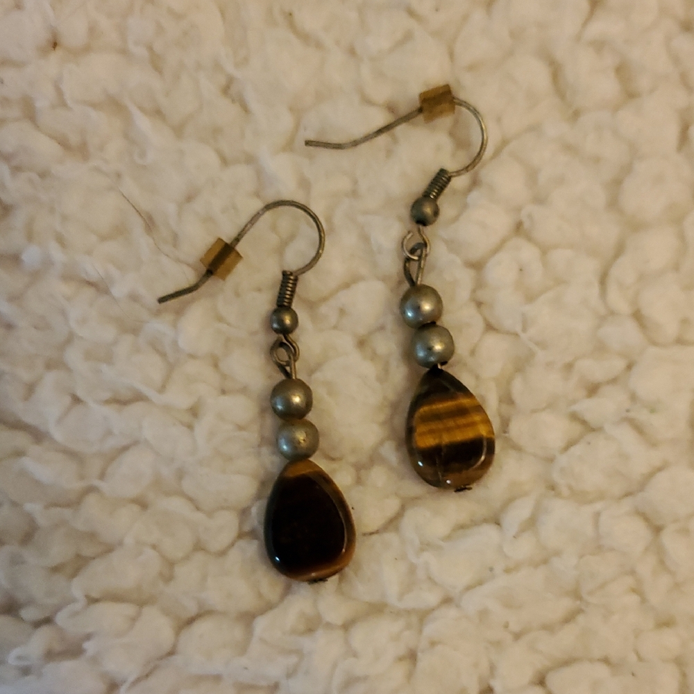 Tiger Eye Teardrop Dangle Earrings - Brown